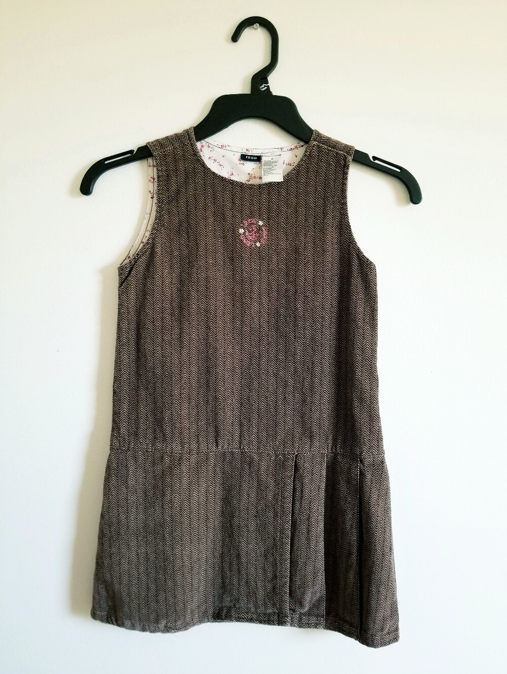 Girls Brown  Velvet Herringbone Dress with Pink Flower Detail